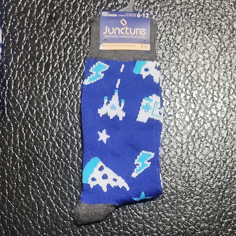 Juncture Arcade Astroid ans Pizza Blue and Gray Casual Crew Socks